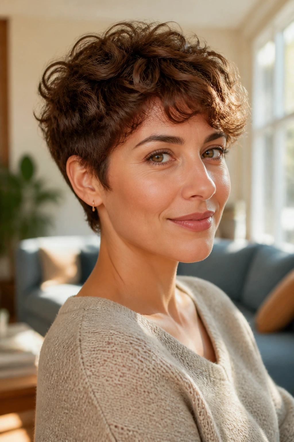 Close-up of a real woman with a curly pixie showing a graceful grow-out silhouette