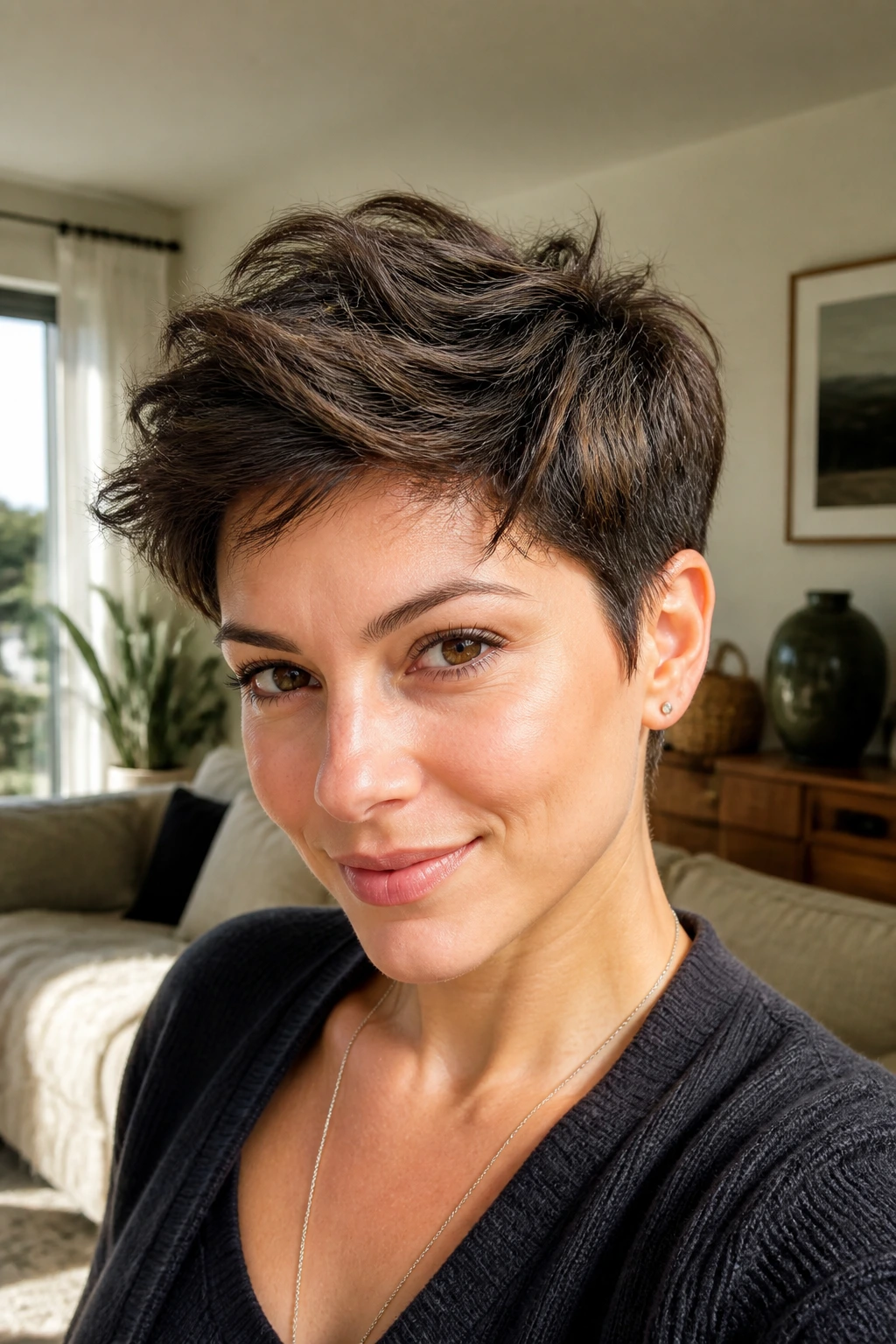 Portrait of a real person with a grow-out friendly pixie haircut in a sunlit room