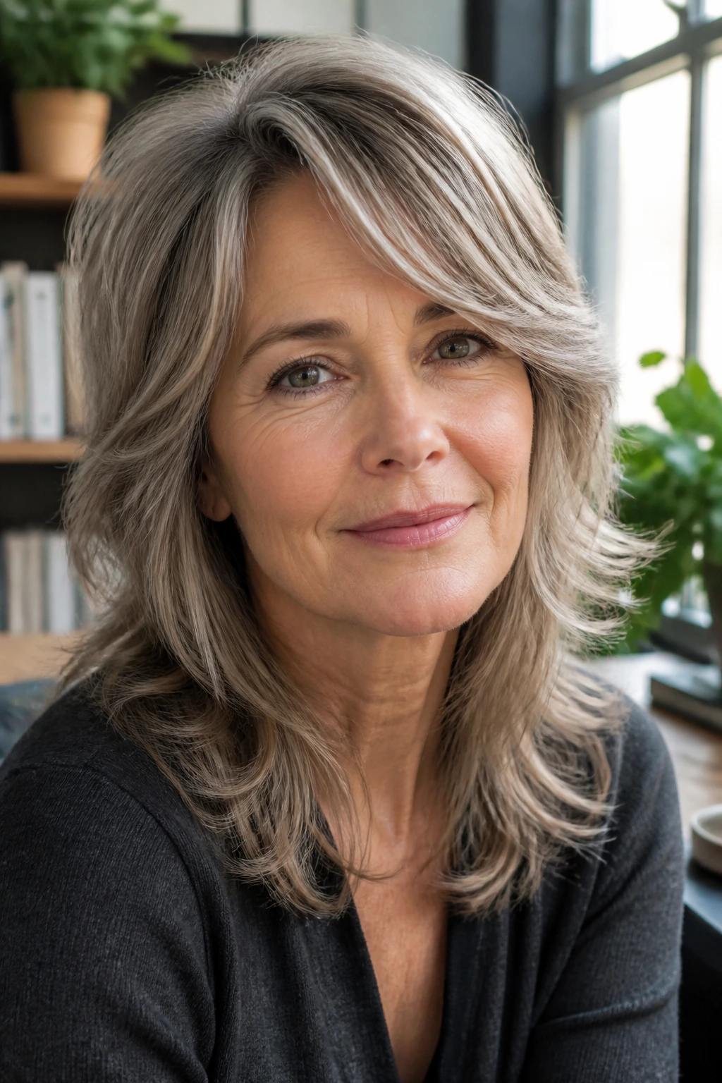 Portrait of woman with soft blended layers in grow-out shag