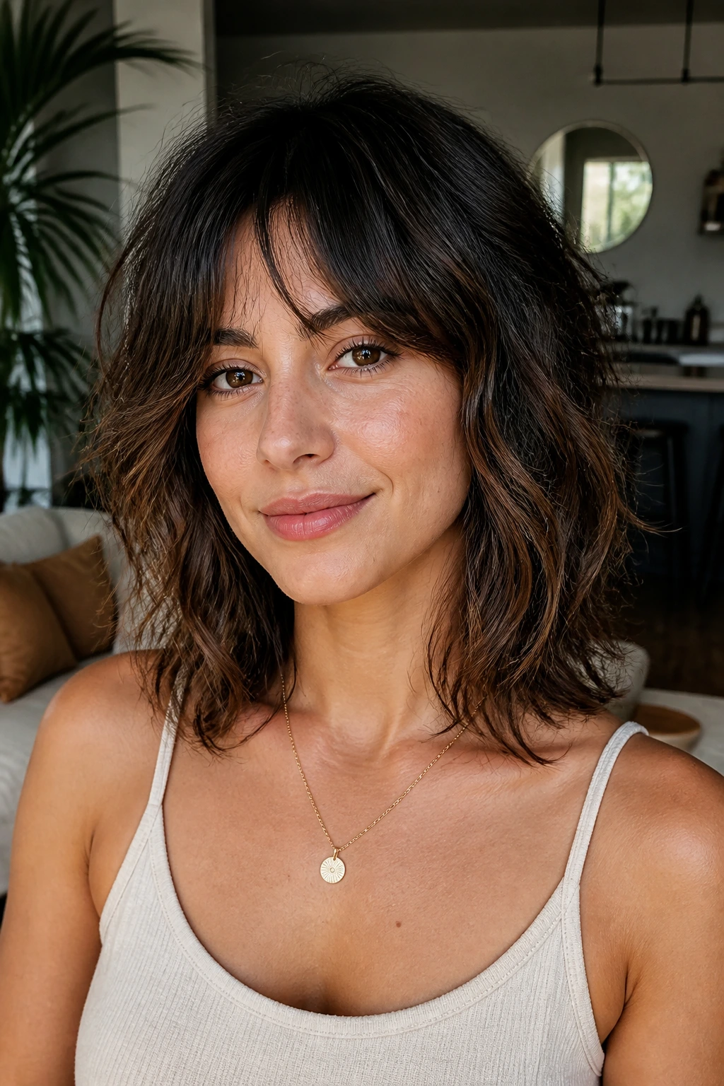 Close-up portrait of a real person with a grow-out friendly shag bob just below the collarbone.