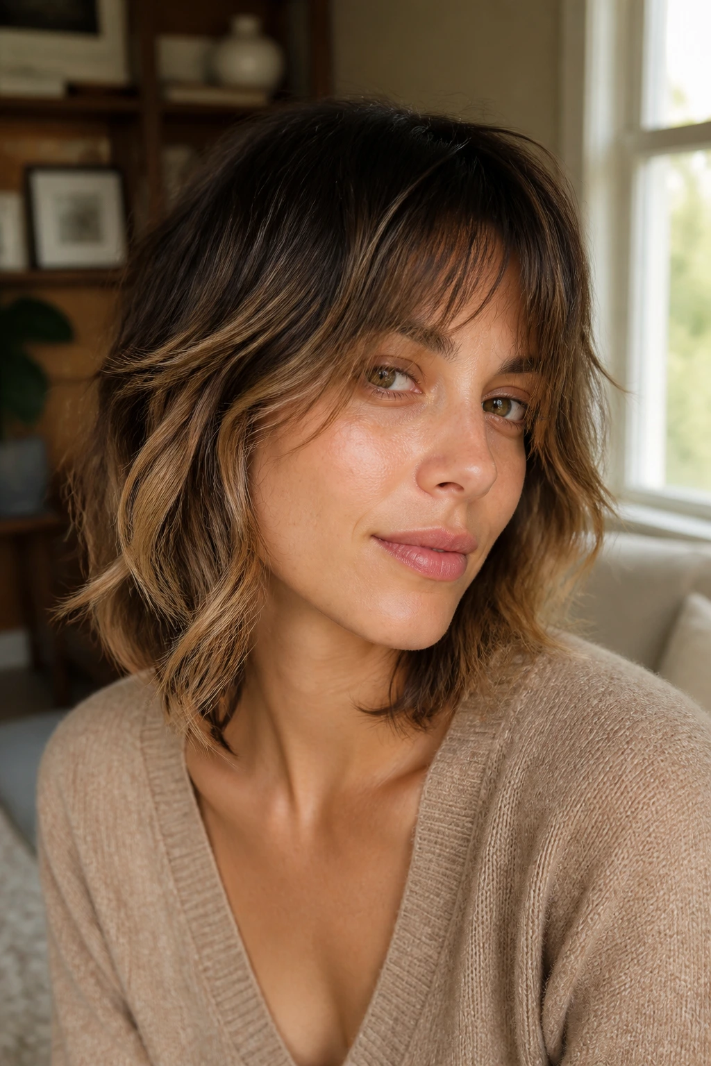 Portrait of a real woman with a grow-out-friendly mini shag and root shadow.
