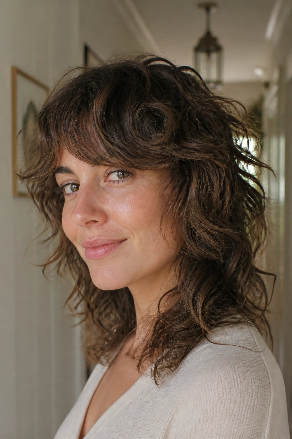 Close-up of a real person with a growing-out shag and long side-swept bangs