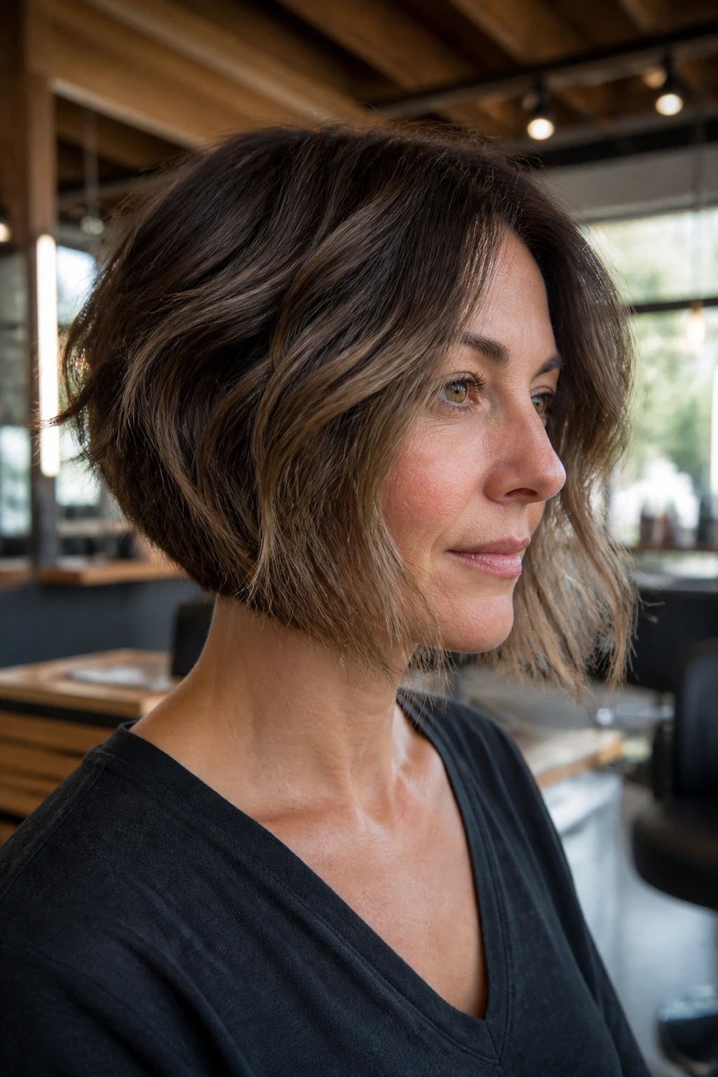 Close-up of a real woman with a grow-out friendly stacked bob and wavy hair
