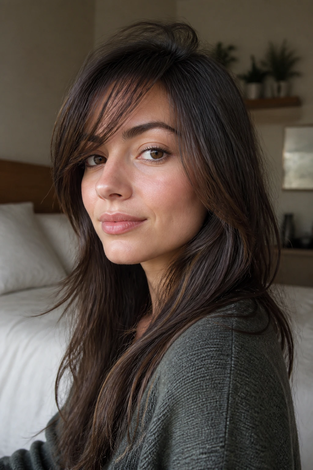 Close-up of grow-out friendly diagonal sweep bangs on a real person