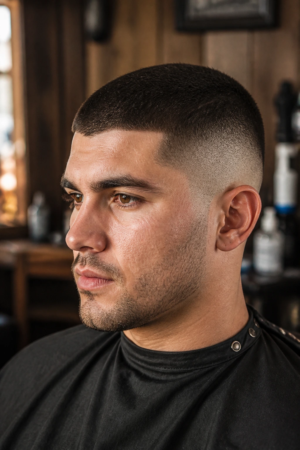 Close-up portrait of a man with a buzz cut and taper fade in a barber shop, illustrating shape and grow-out tips