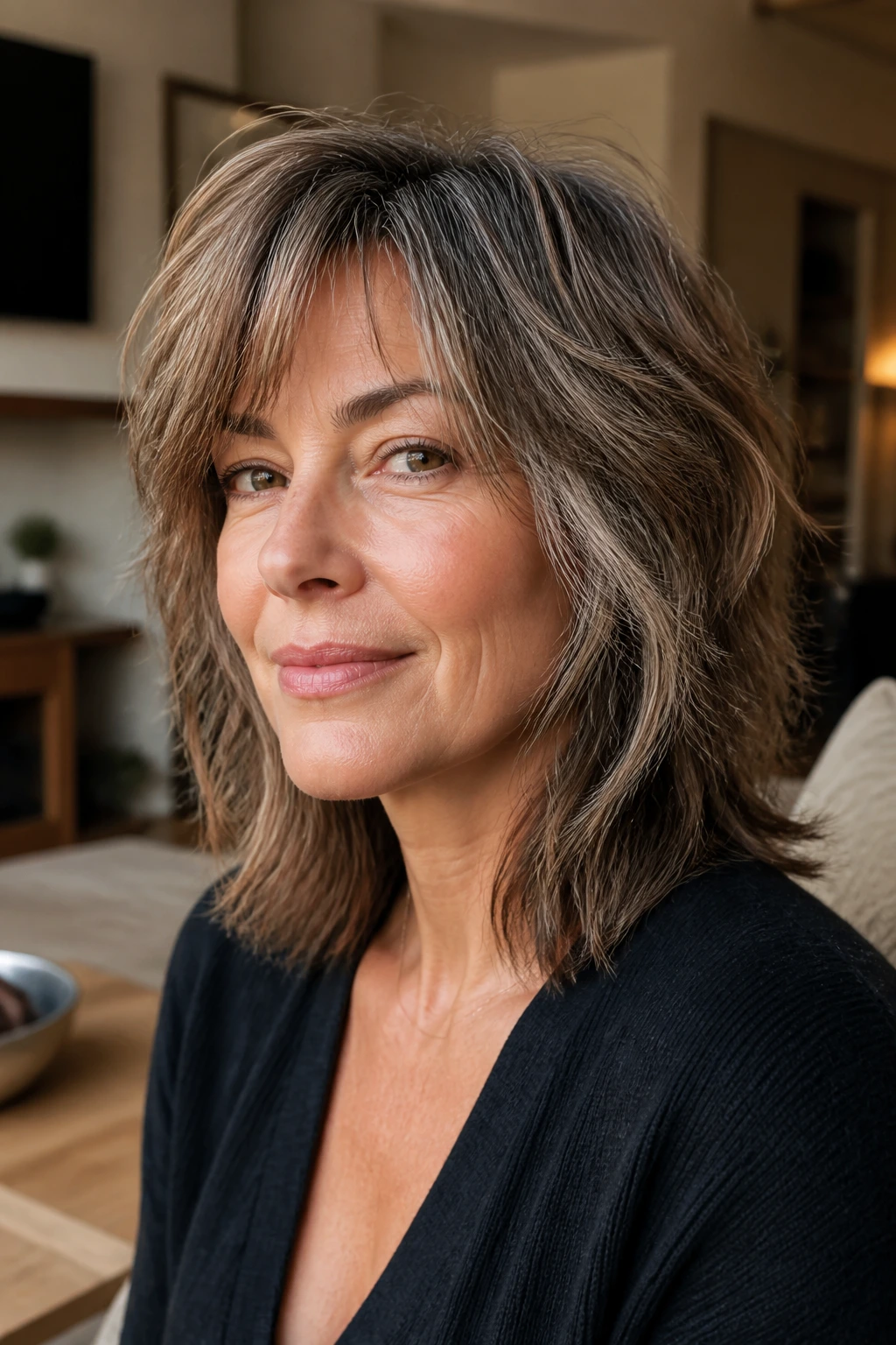 Close-up portrait of a woman with transitional shag in a cozy living room