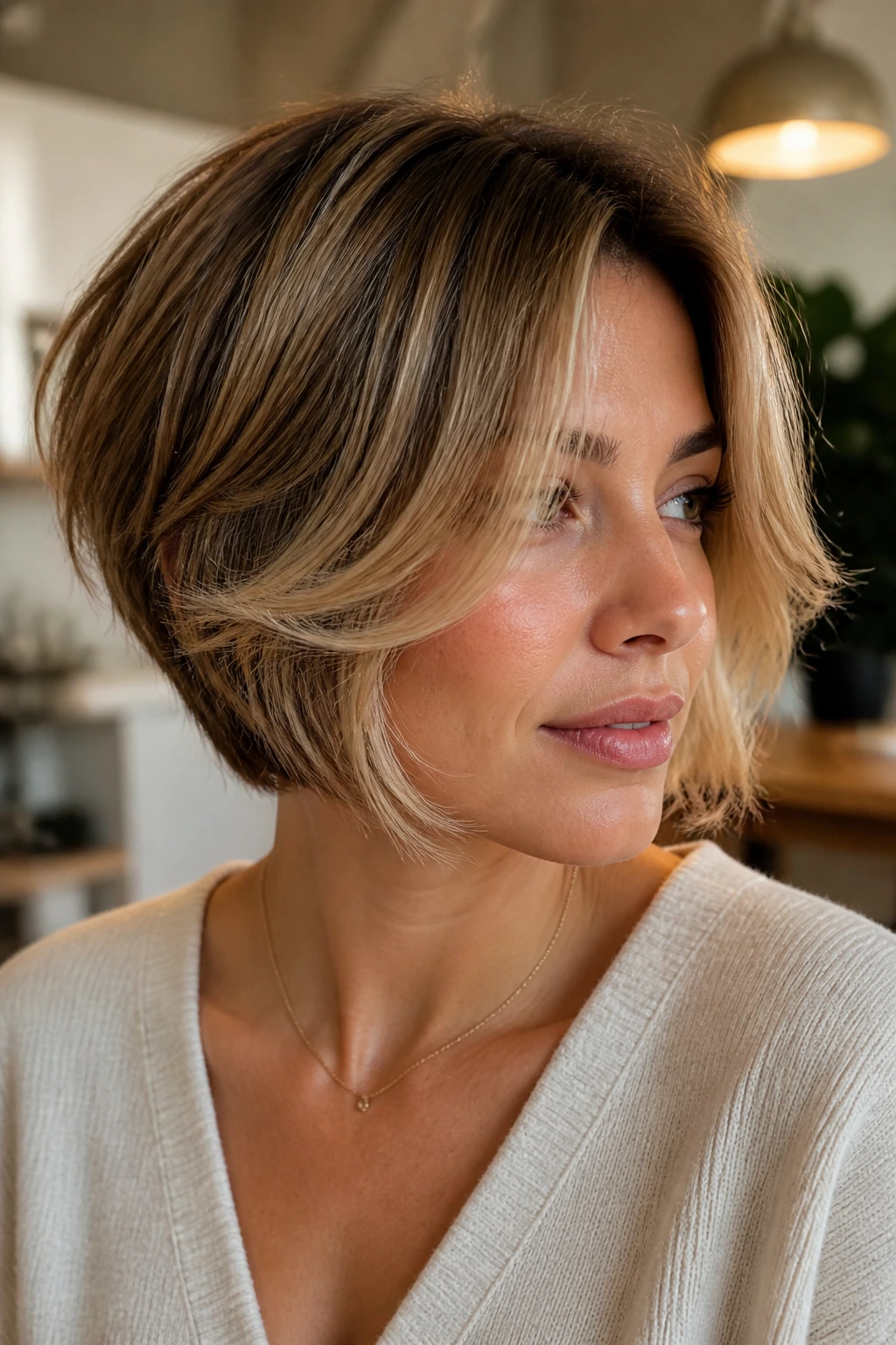 Portrait of a person showing the Softer Grow-Out variation with curtain bangs