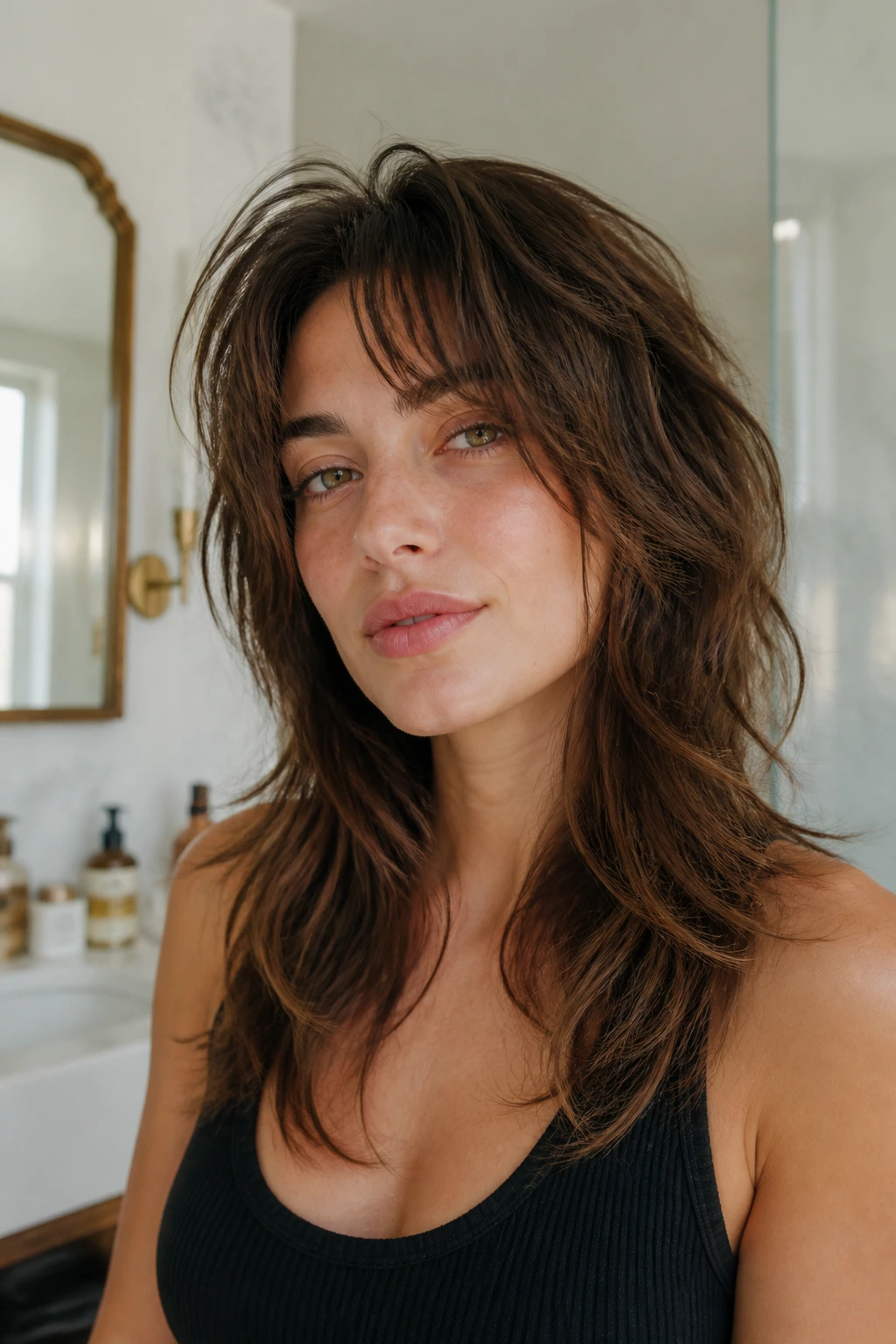 Portrait of a real woman with grow-out-friendly wolf cut in a bright bathroom