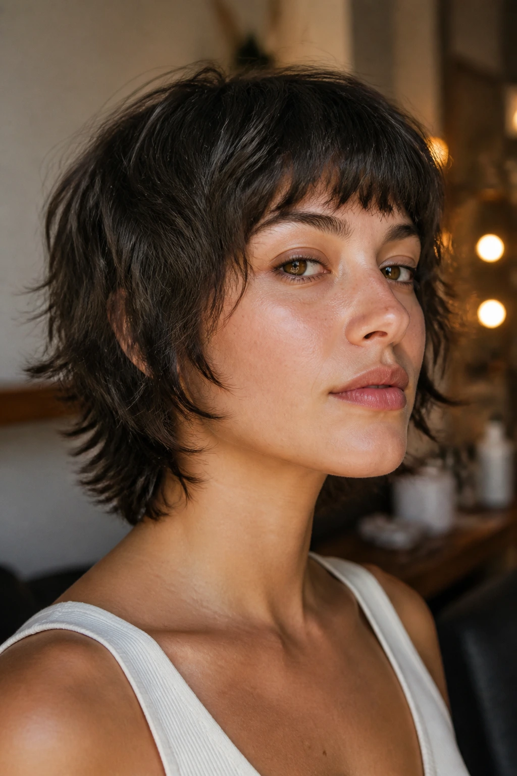 Portrait of a growing-out wolfcut showing sharp shape