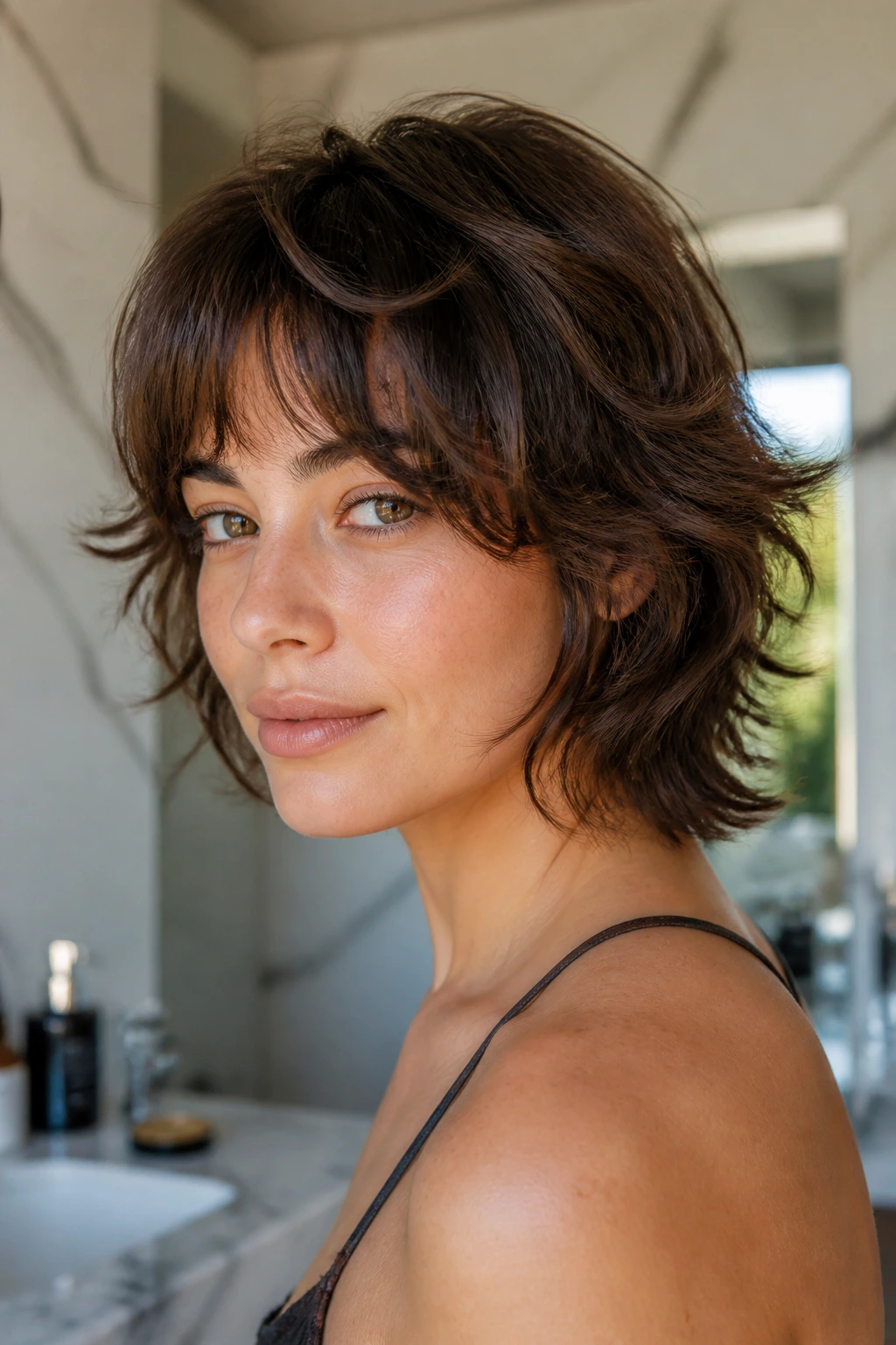 Real woman with grow-out-friendly wolfcut in bright bathroom light