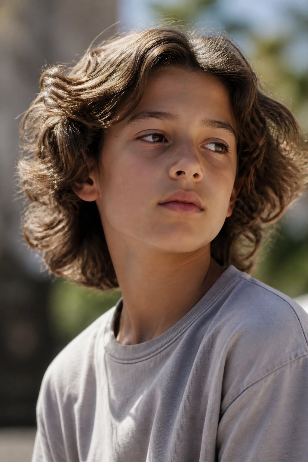 Portrait of a preteen boy with long wavy hair outdoors