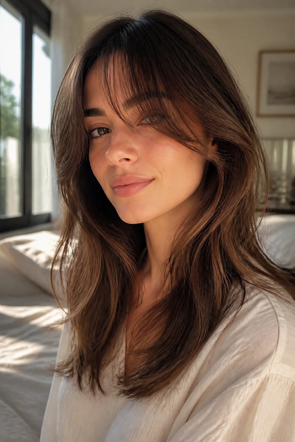 Close-up of a woman with growing-out bangs blending into face-framing layers in warm window light