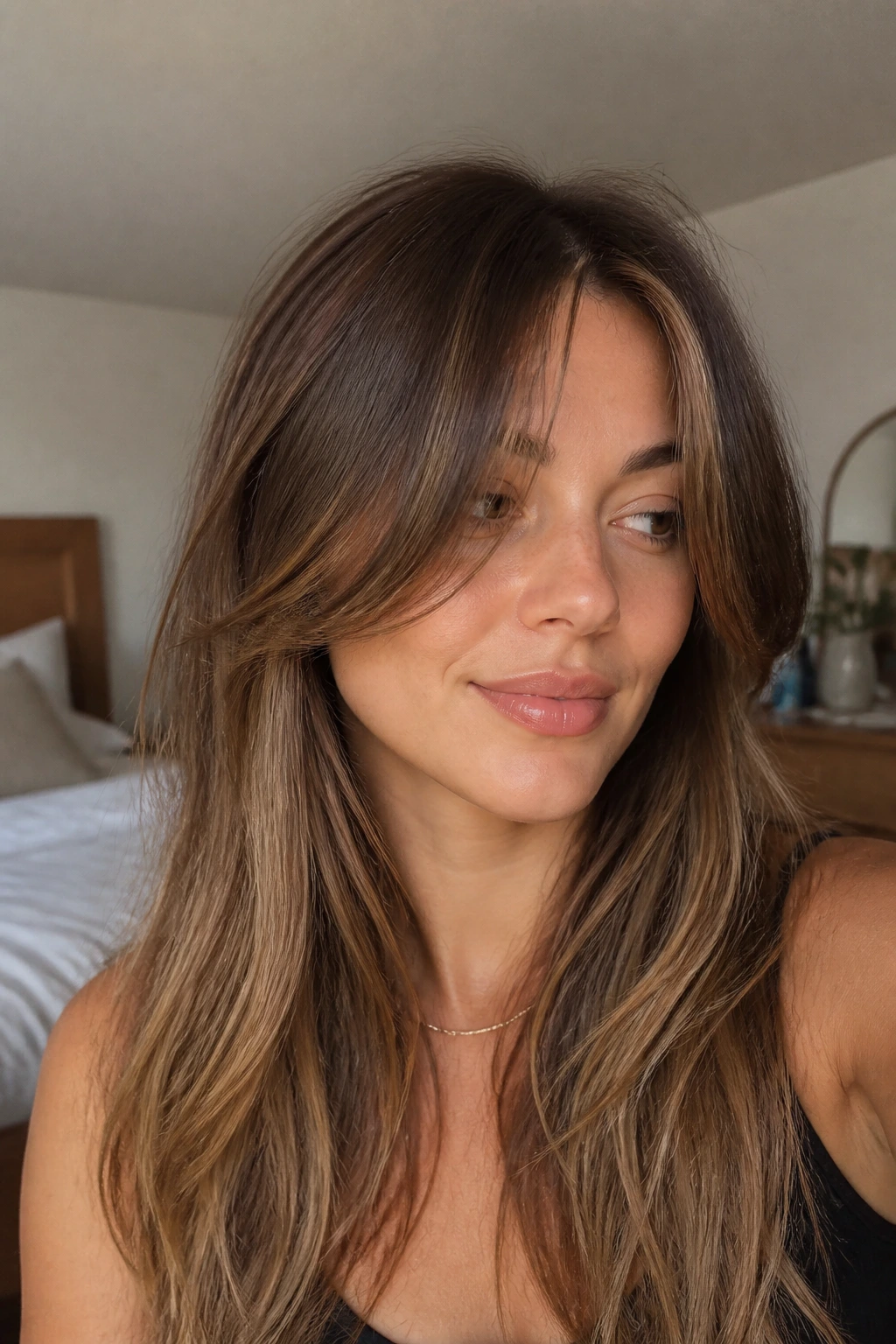 Close-up portrait of a real woman with growing-out fringe and long hair, soft lighting