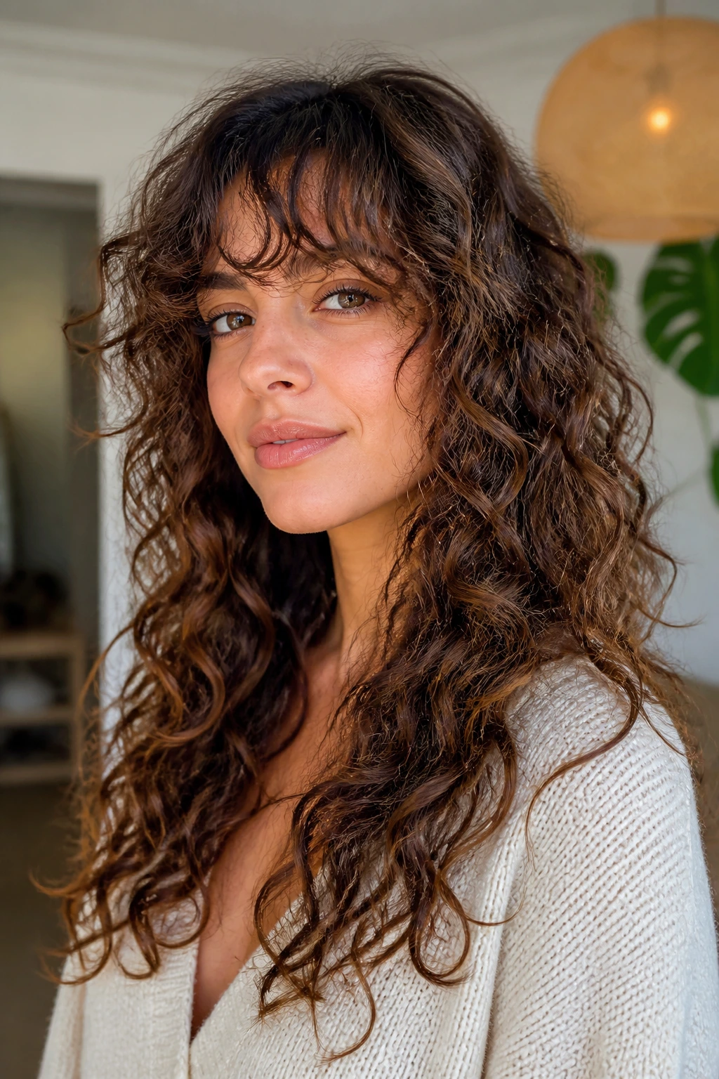 Close-up of a real person showing growing bang style and layered shape