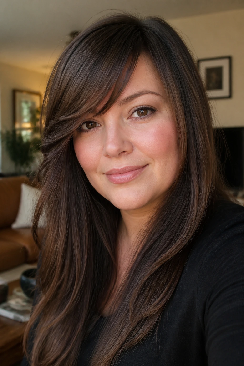 Close-up of a woman with a diagonal face-framing shape that adapts as it grows