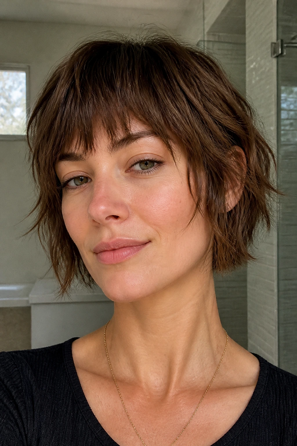 Close-up of a real woman with grown-in choppy bangs on a short shaggy bob
