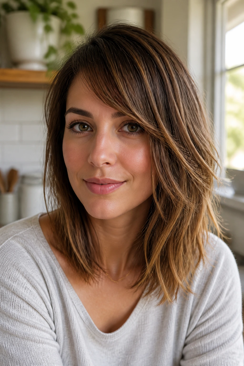 Close-up of a real woman with a diagonal fringe growing into the rest of the haircut