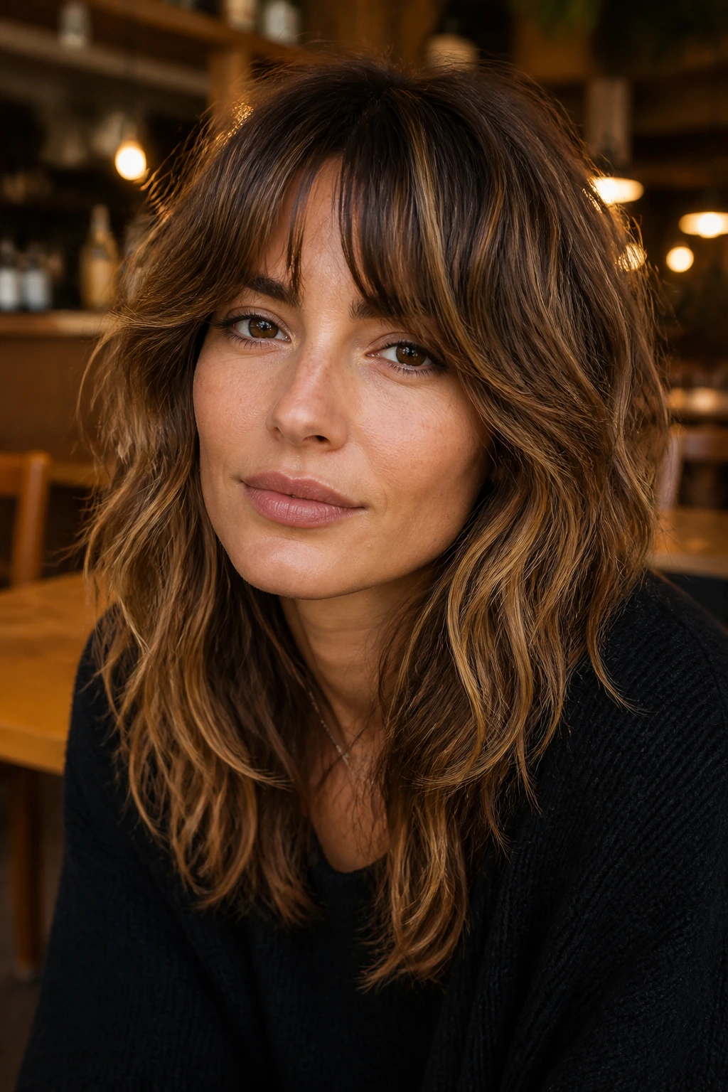 Close-up portrait of a real person with grown-out bangs shag and caramel highlights