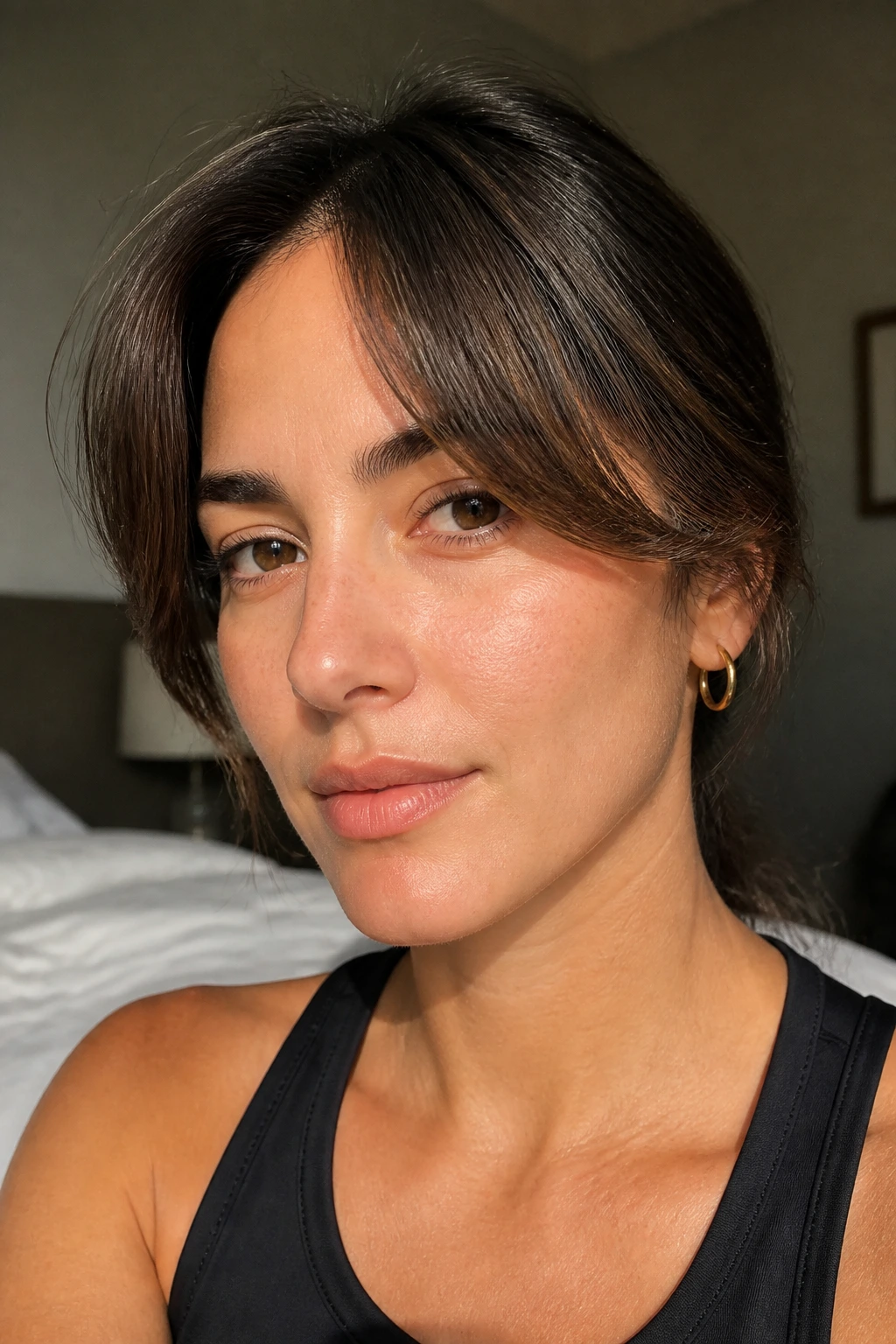 Close-up of a real woman with grown-out curtain bangs framing the face