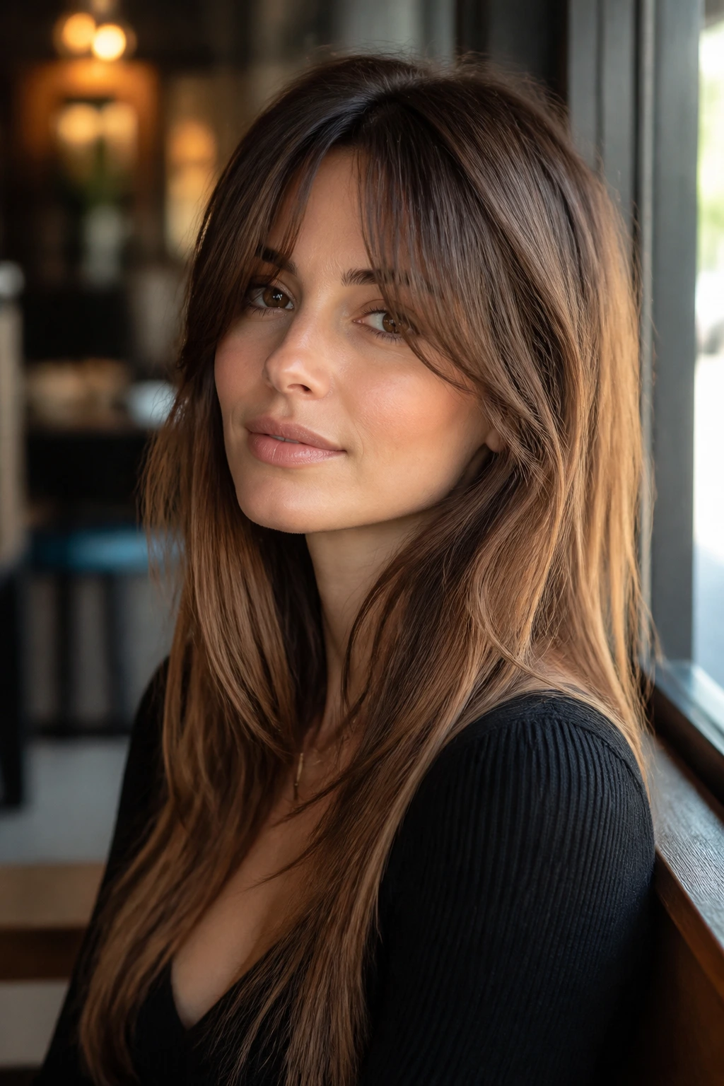 Close-up portrait of a real person with grown-out bangs touching the face in warm cafe light