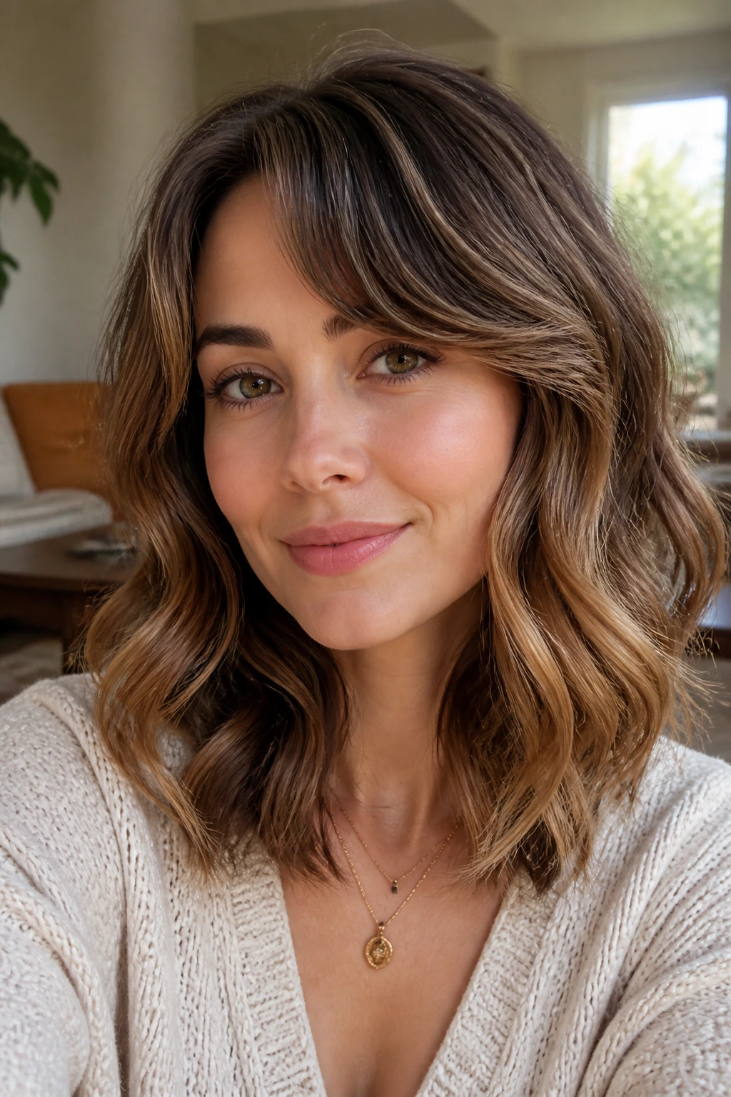 Close-up of a woman with grown-out bangs and soft waves