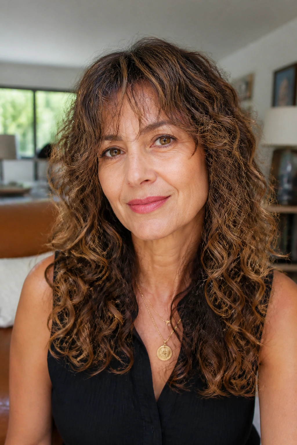 Close-up portrait of a real woman with grown-out bangs blending into layered curls