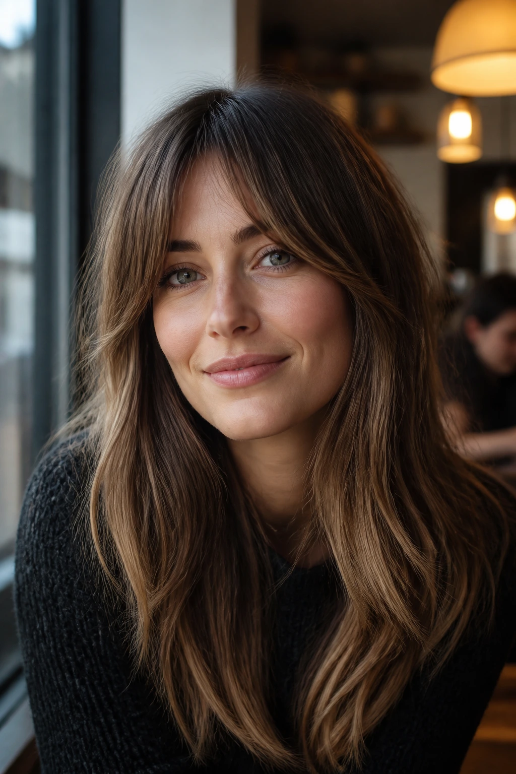 Close-up of a real woman with grown-out bangs and soft side framing