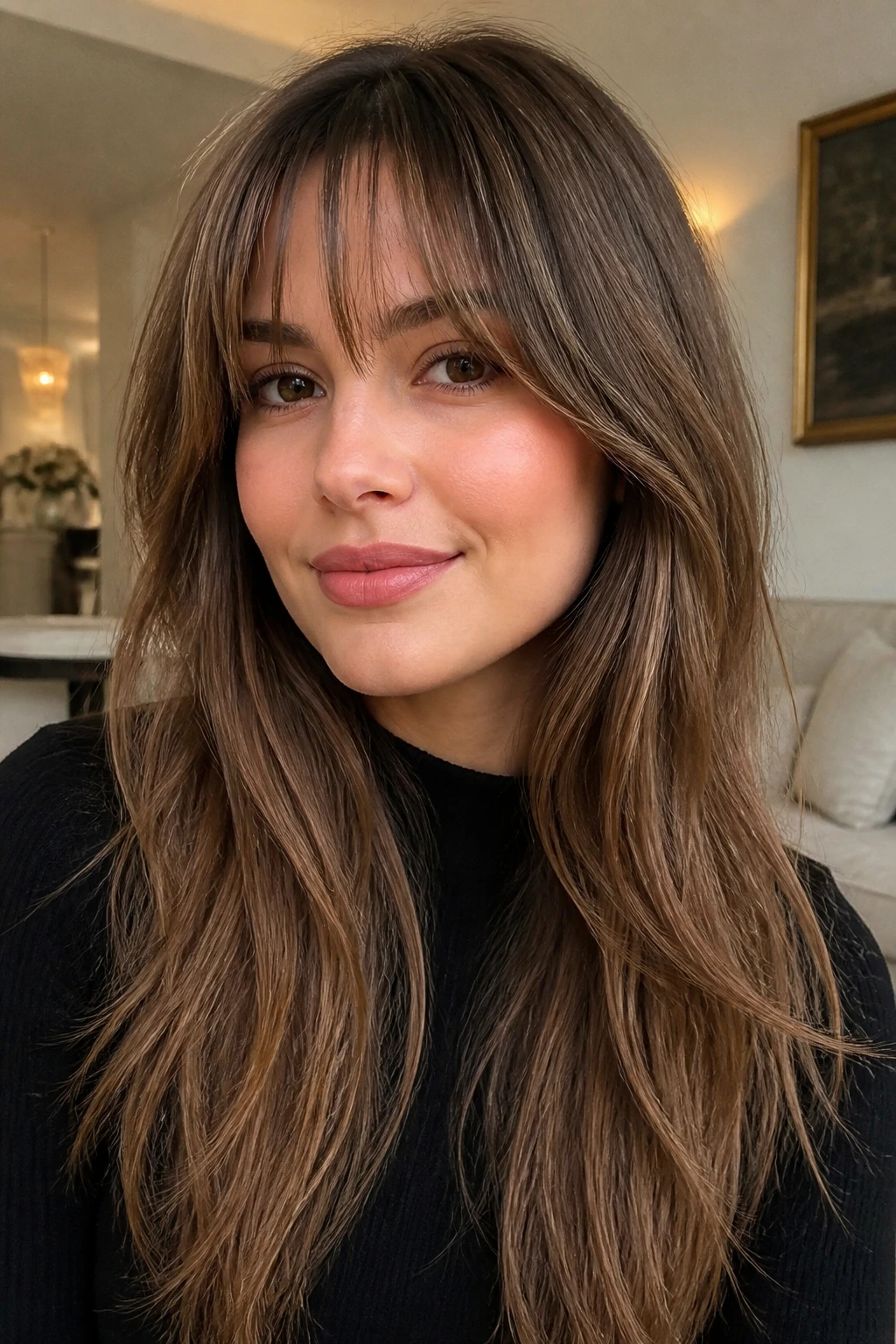 Close-up of a real woman with long soft bangs and long hair