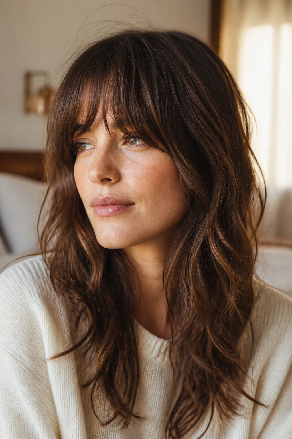 Close-up of a real woman's face with grown-out bangs blending into soft waves