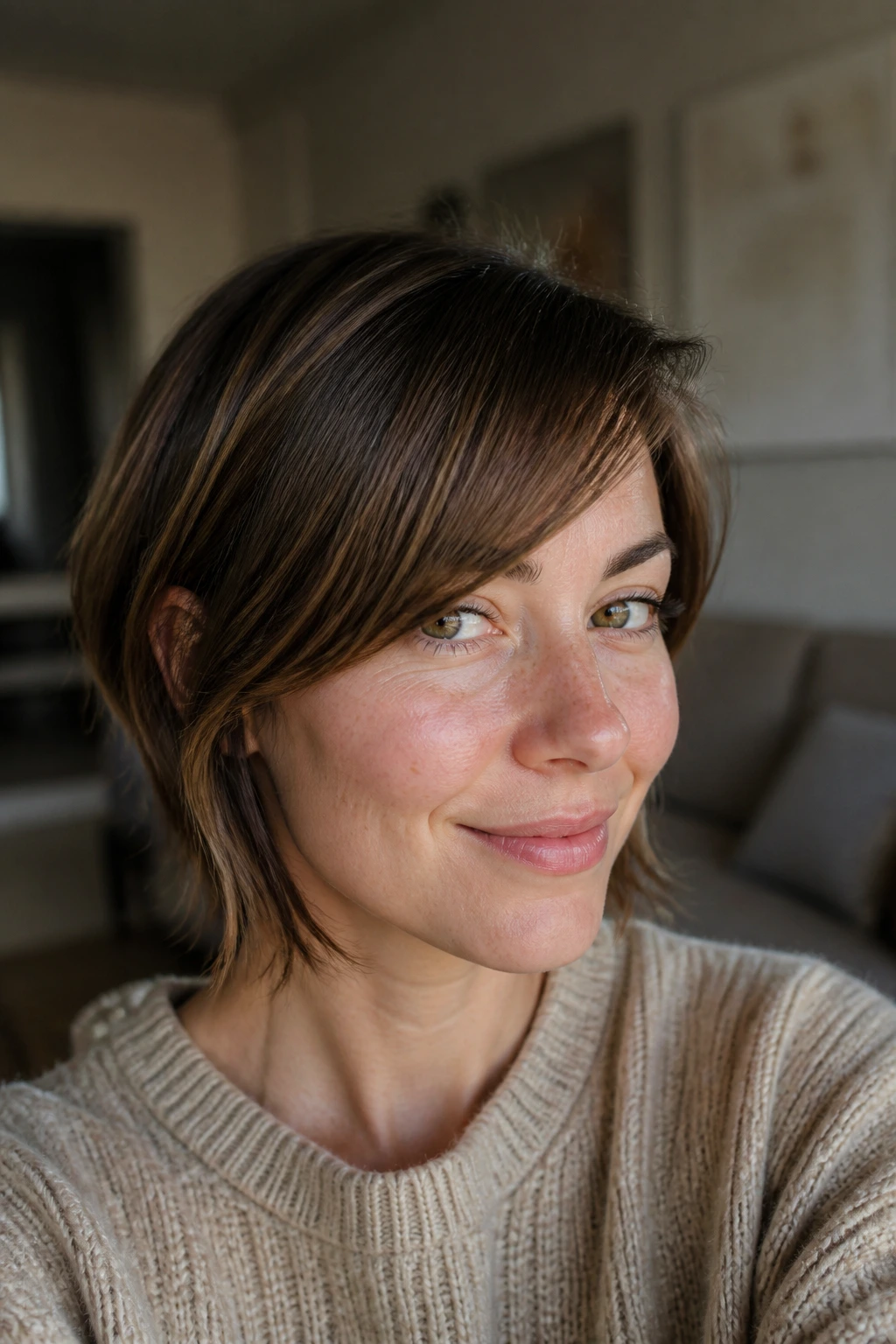 Real woman with grown-out side bangs blending into face-framing layers in a warm room.