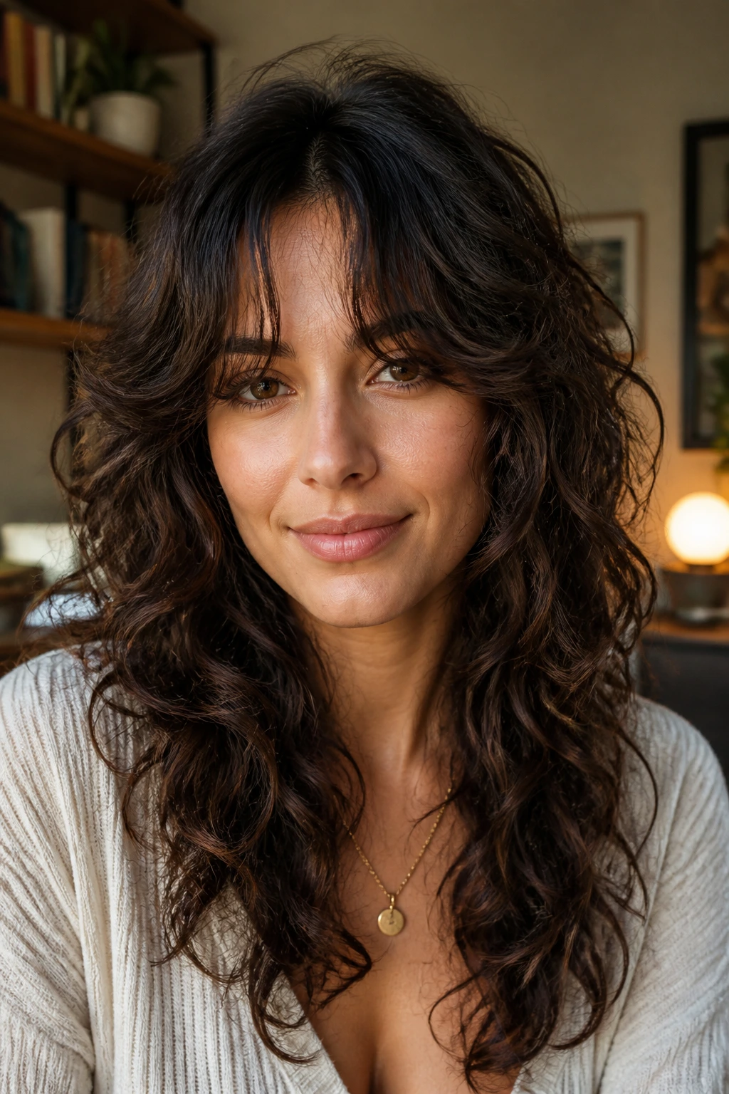 Real woman with grown-out bangs blending into front layers