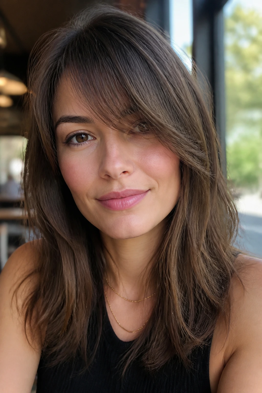 Close-up portrait of a real woman with grown-out side-swept bangs in a cafe window setting