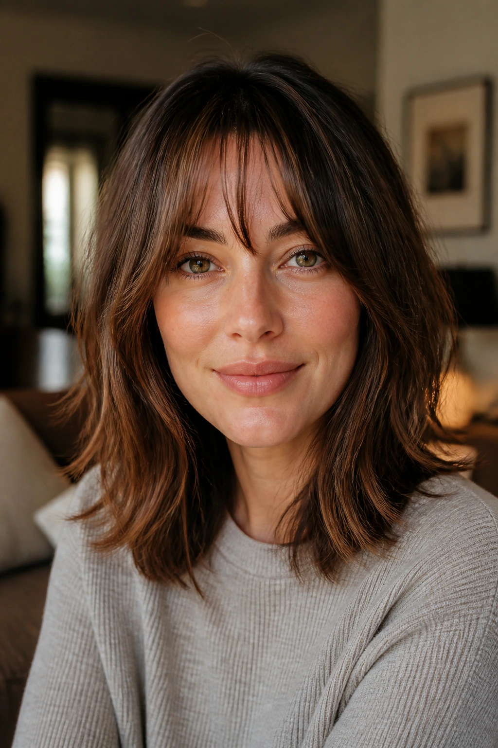 Close-up of a woman with grown-out bangs and razor-soft layers in cozy indoor light