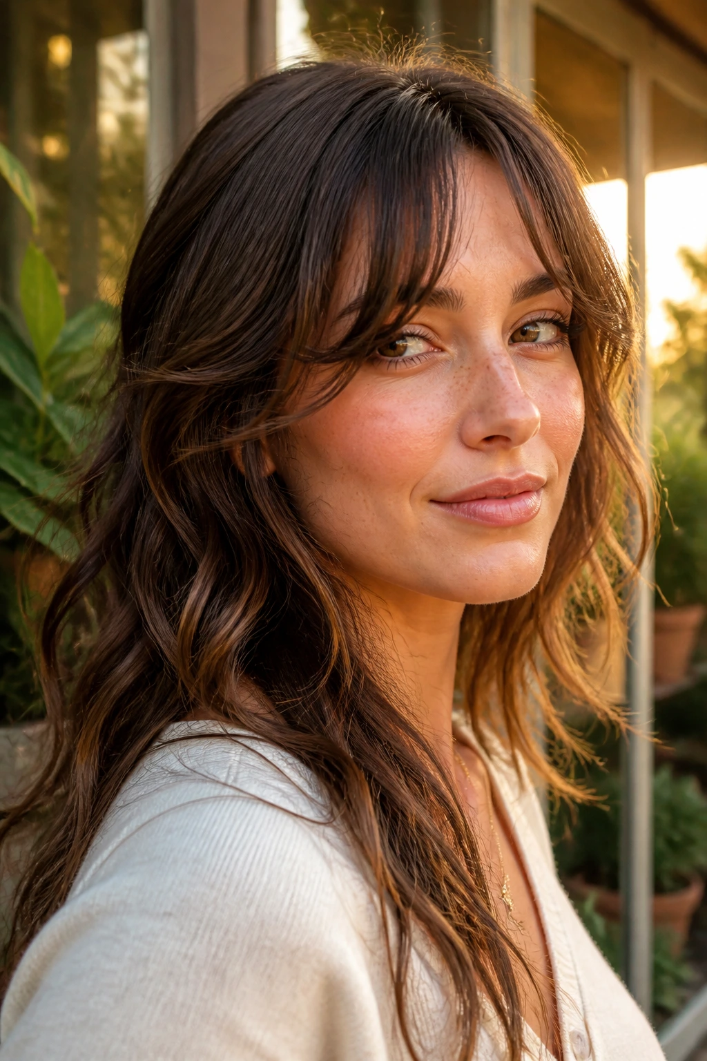 Close-up of a real woman with grown-out bangs and cheekbone-length layers