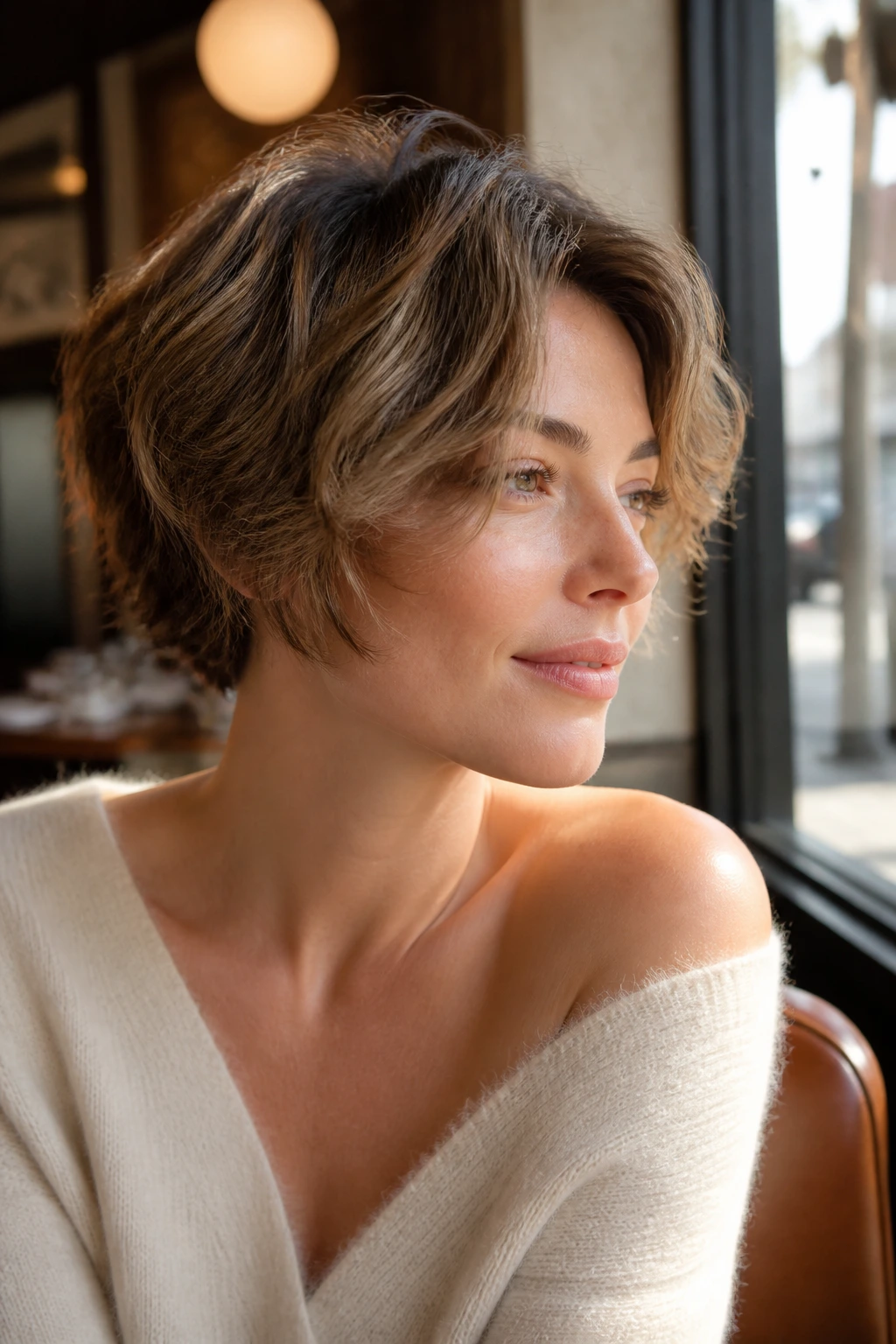 Close-up portrait of real woman with grown-out bixie bob in cafe