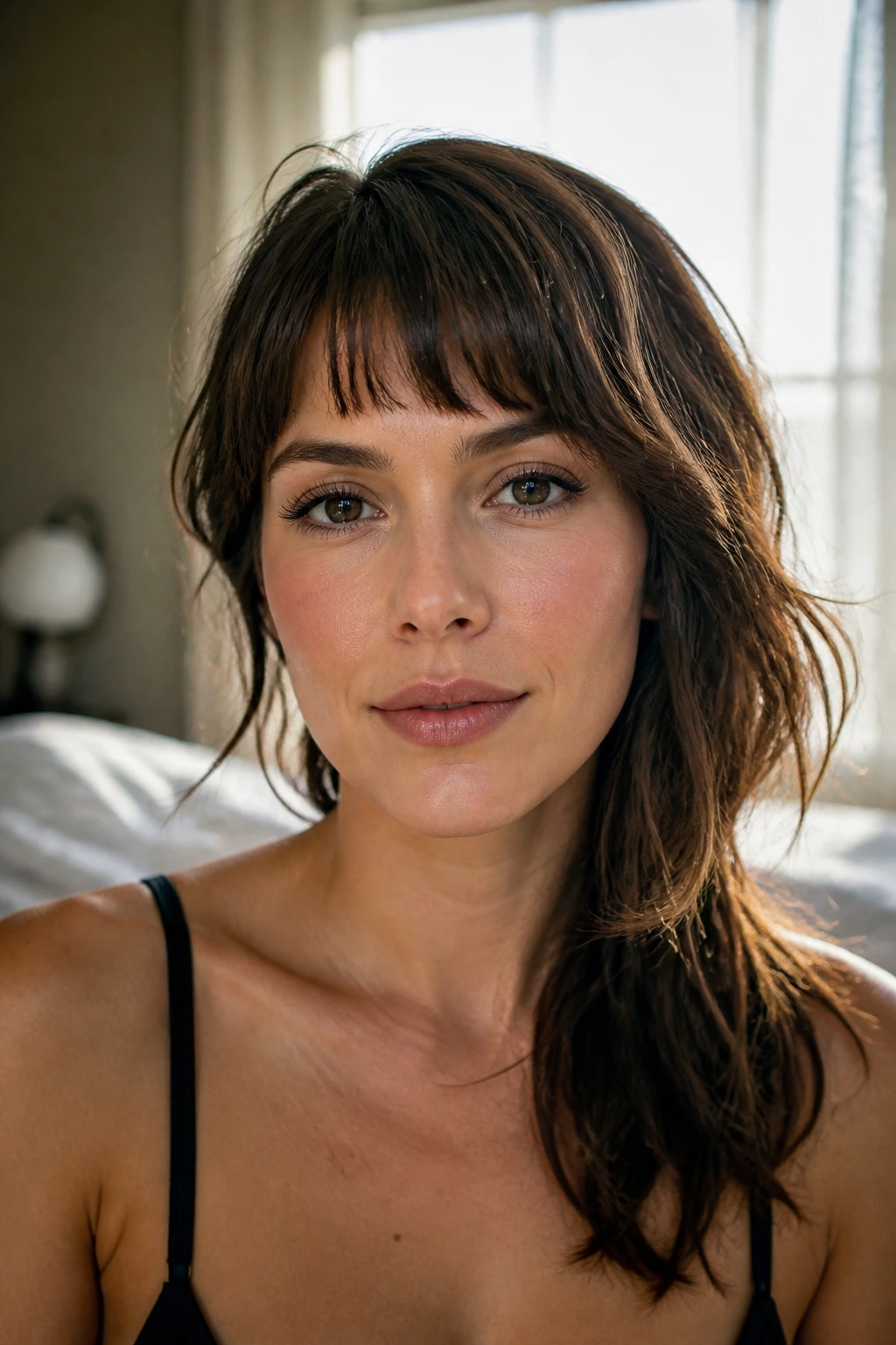 Close-up of grown-out blunt bangs on a real person in a bedroom setting
