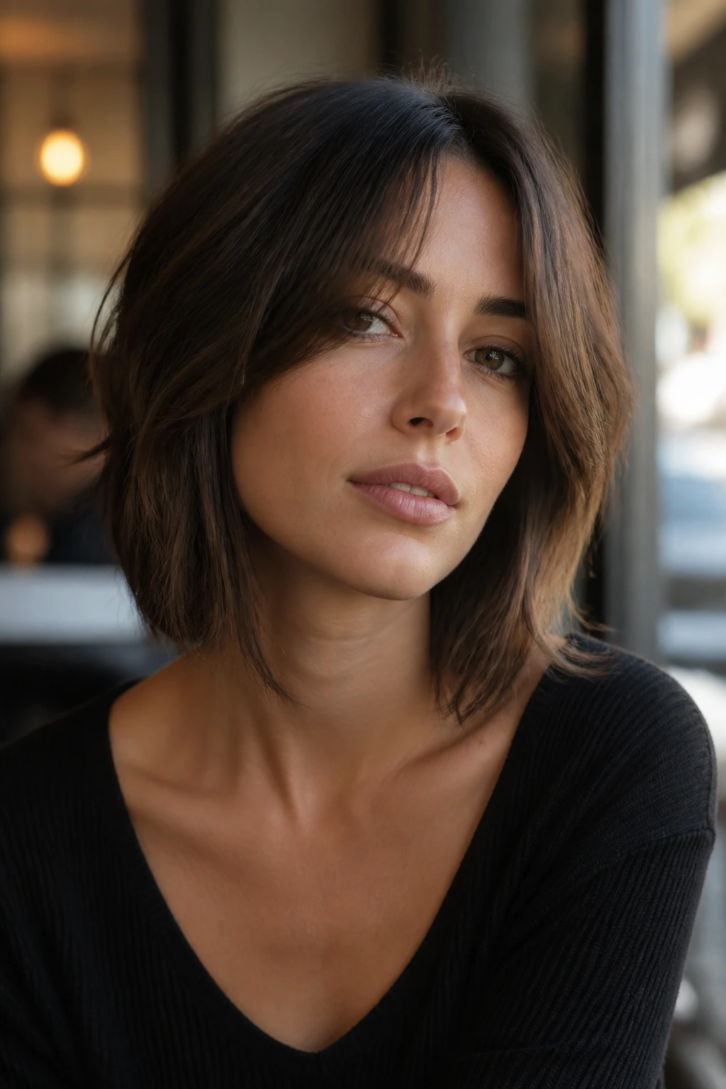 Close-up of a real woman with a grown-out bob and long curtain bangs in a cafe setting
