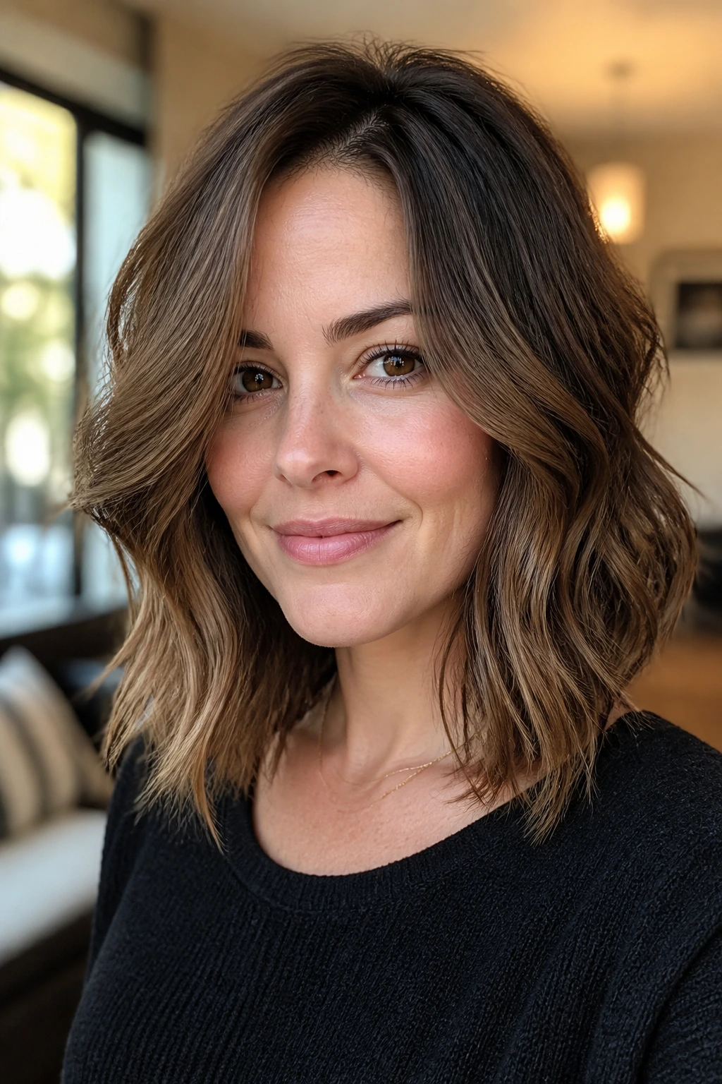 Close-up of a real woman with a grown-out bob with long layers by a window