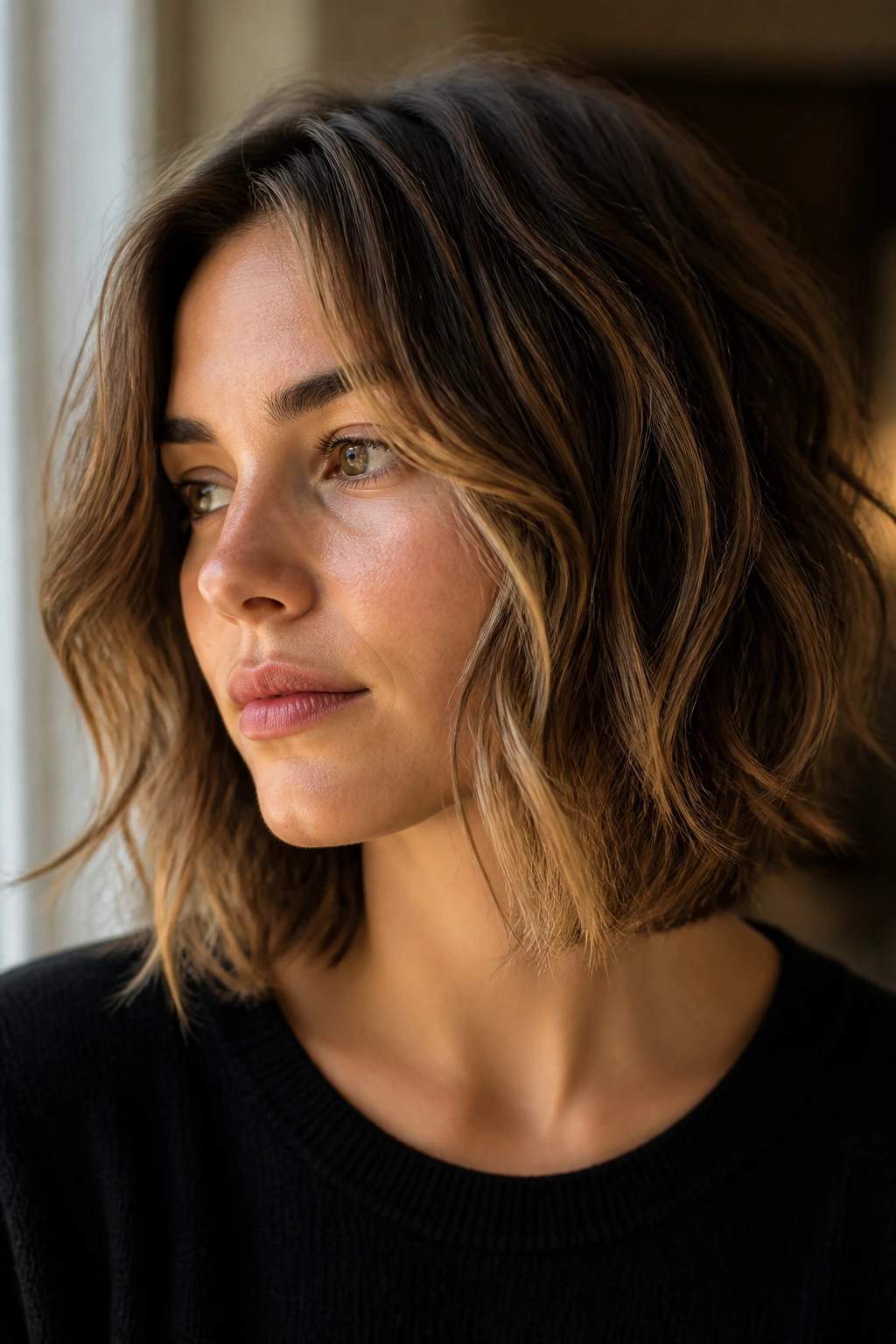 Close-up portrait of a real woman with a grown-out bob and micro-layers