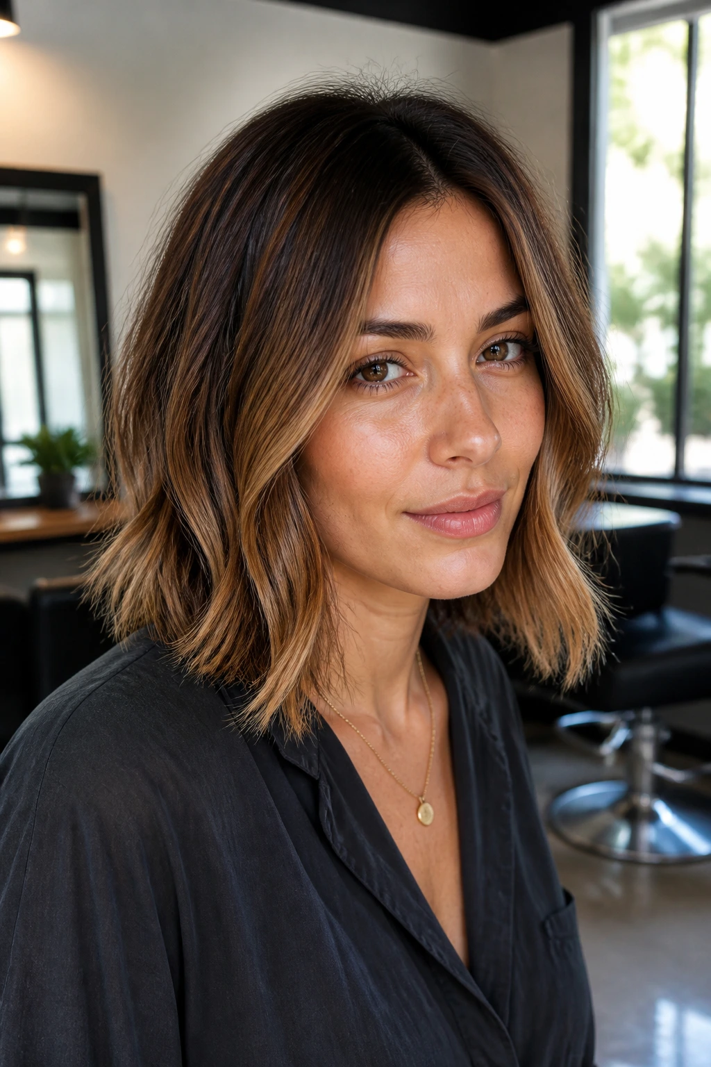 Real person with grown-out curly bob, root shadow and warm ends