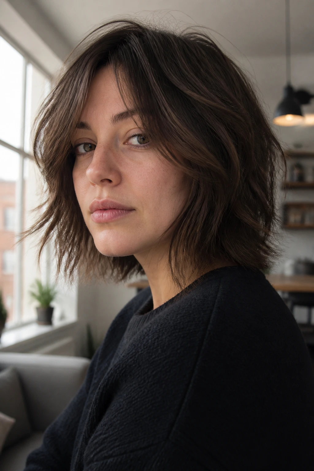 Portrait of a real person with grown-out bob shag hairstyle