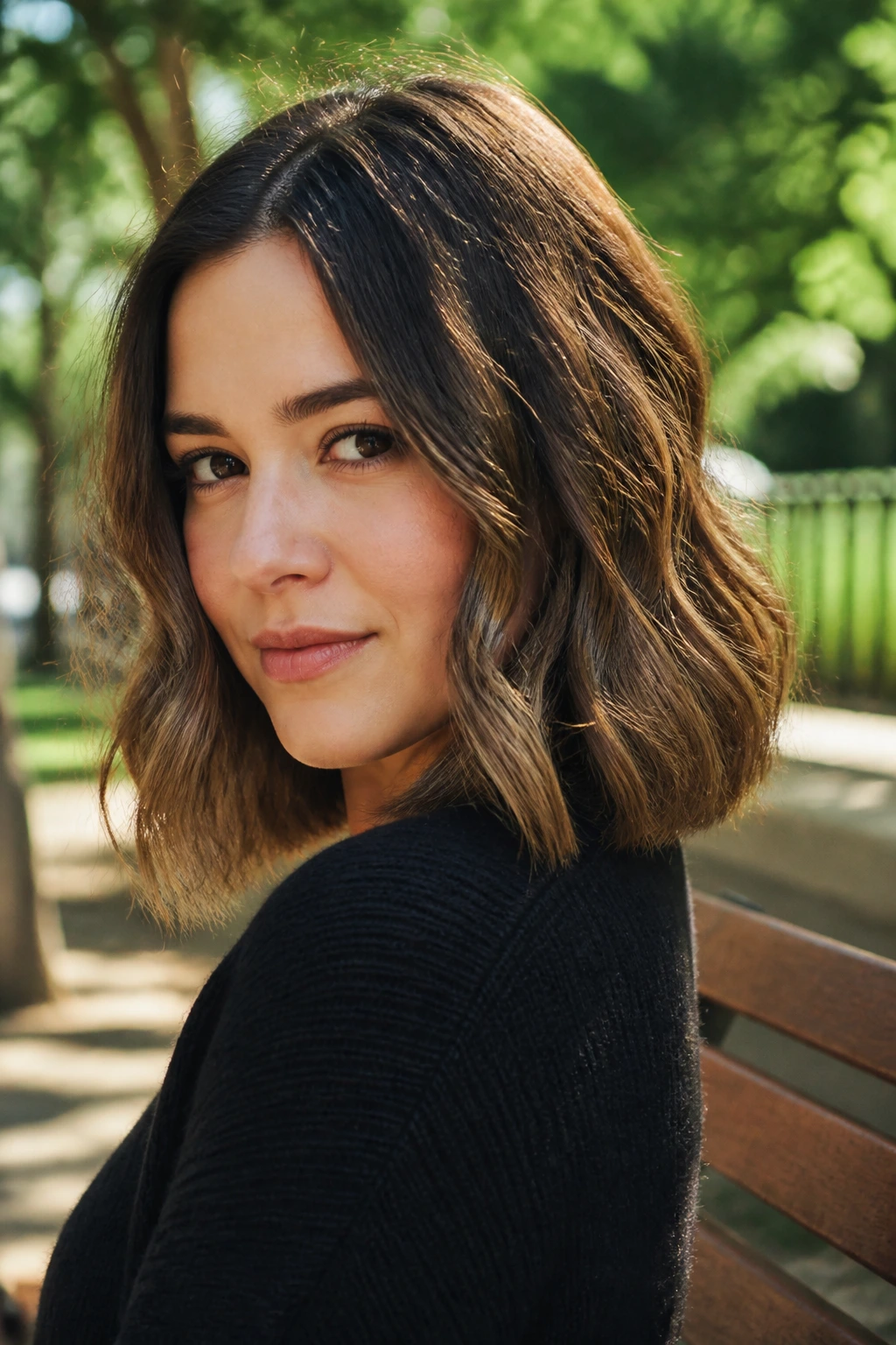 Real person with shoulder-skimming grown-out bob in outdoor setting.