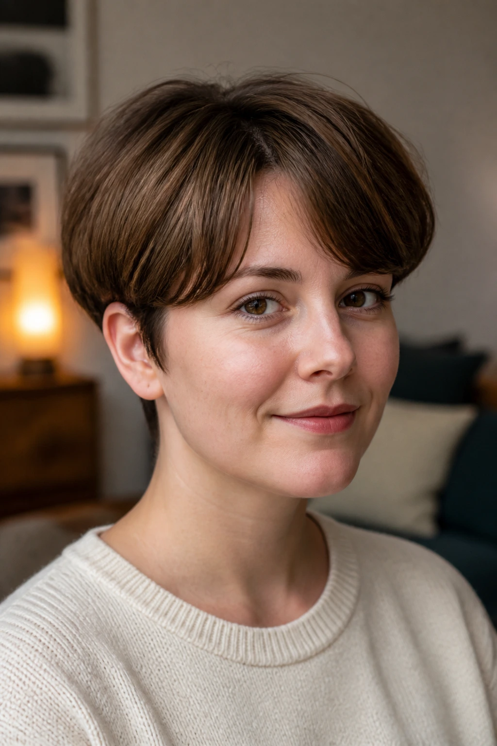 Real woman with grown-out bowl and soft volume hairstyle