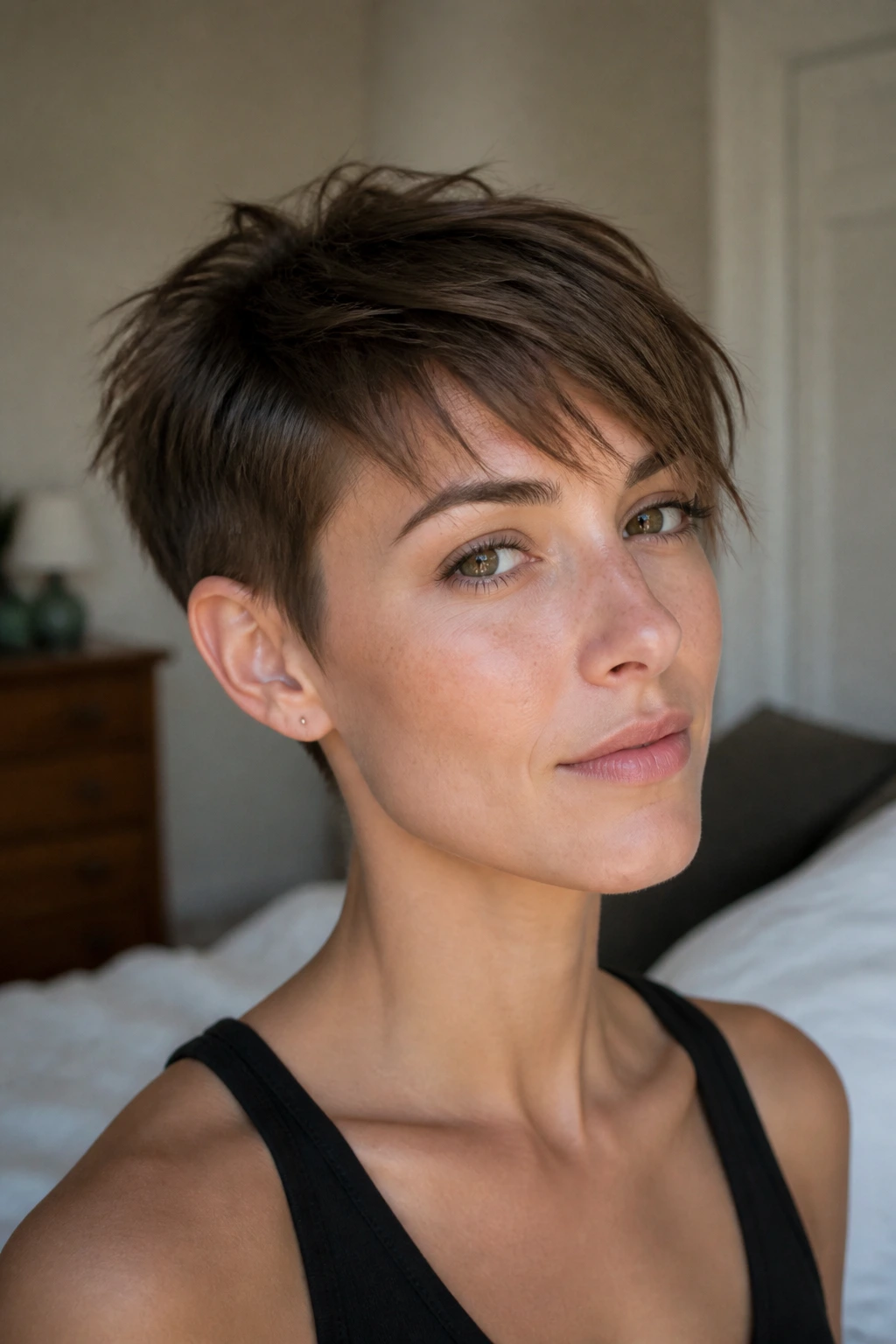 Close-up portrait of a woman with a grown-out boyish cut, soft fringe, relaxed shape.