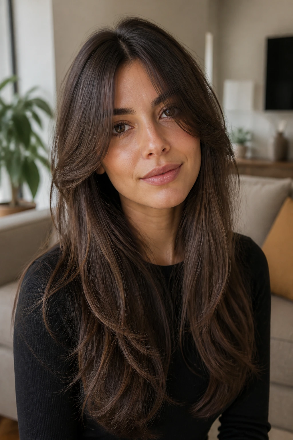 Real woman with grown-out curtain bangs and long layers in warm daylight