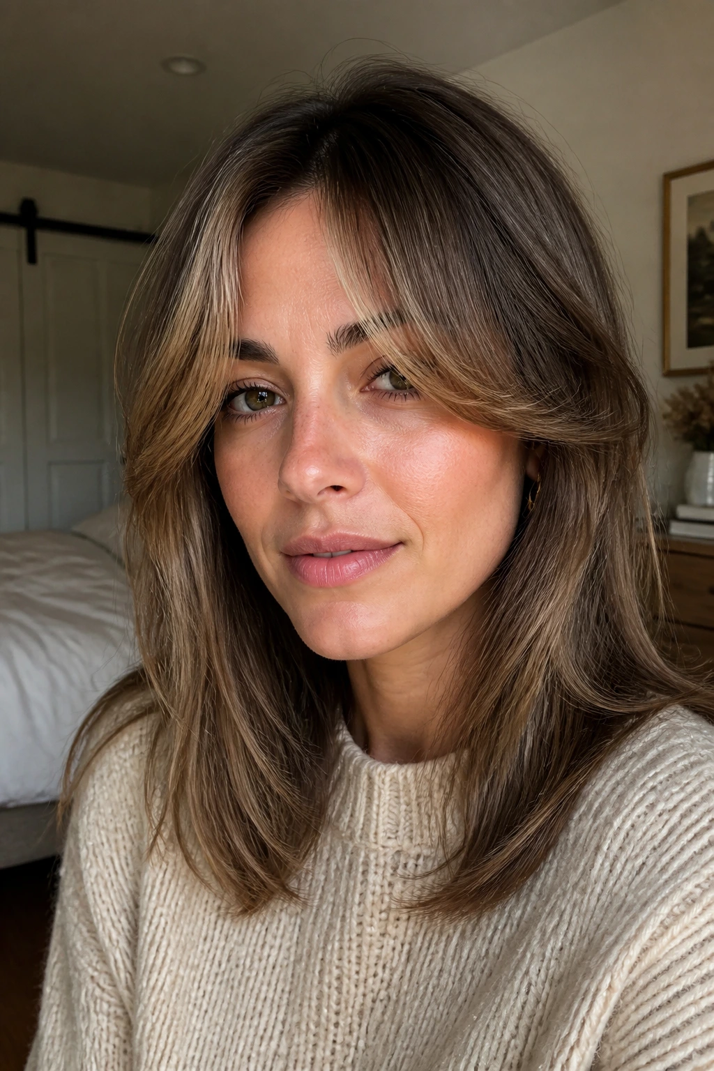 Close-up portrait of a real woman with grown-out curtain bangs in a cozy bedroom