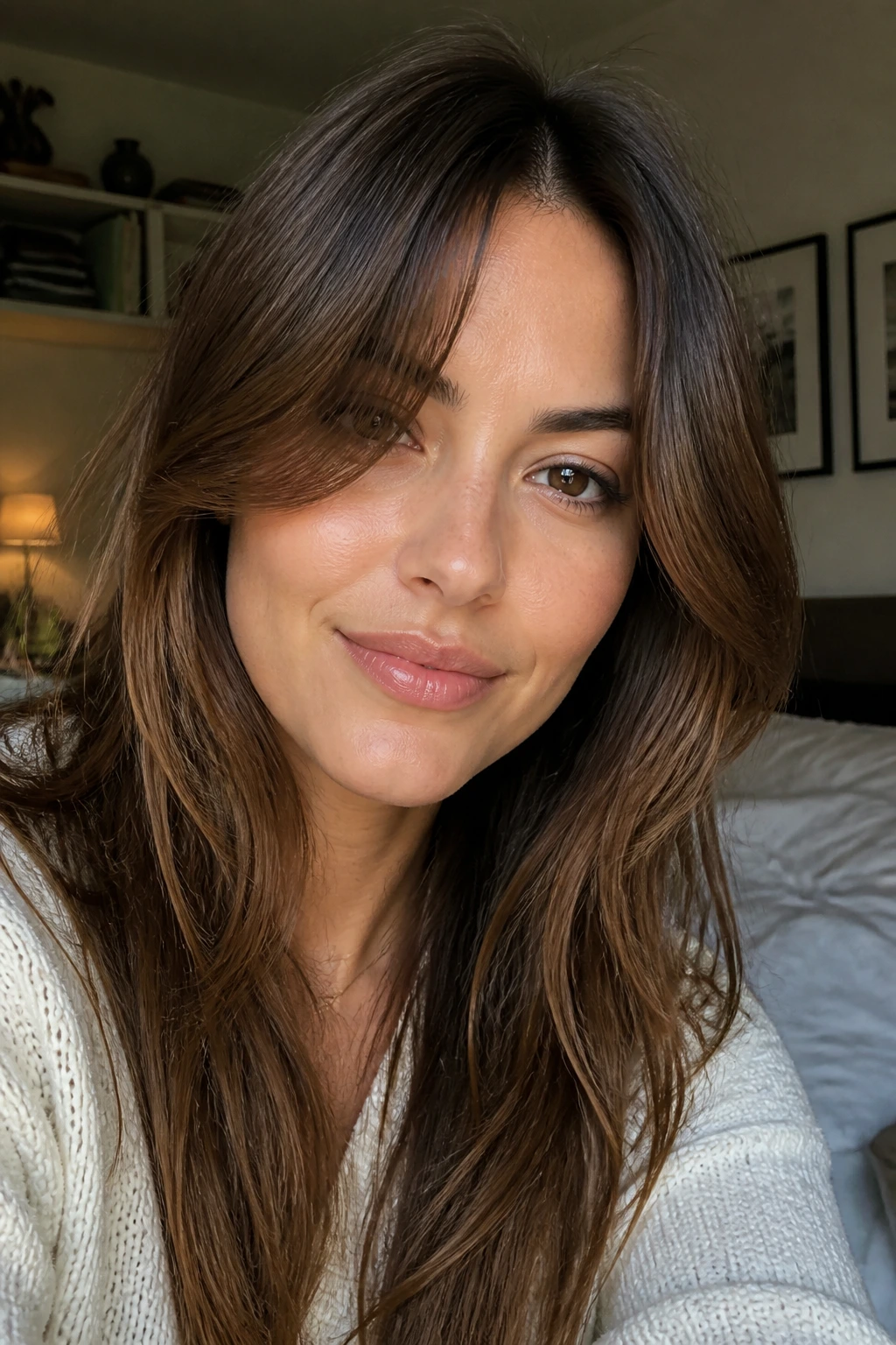Close-up portrait of a real woman with grown-out curtain fringe brushing the cheekbone