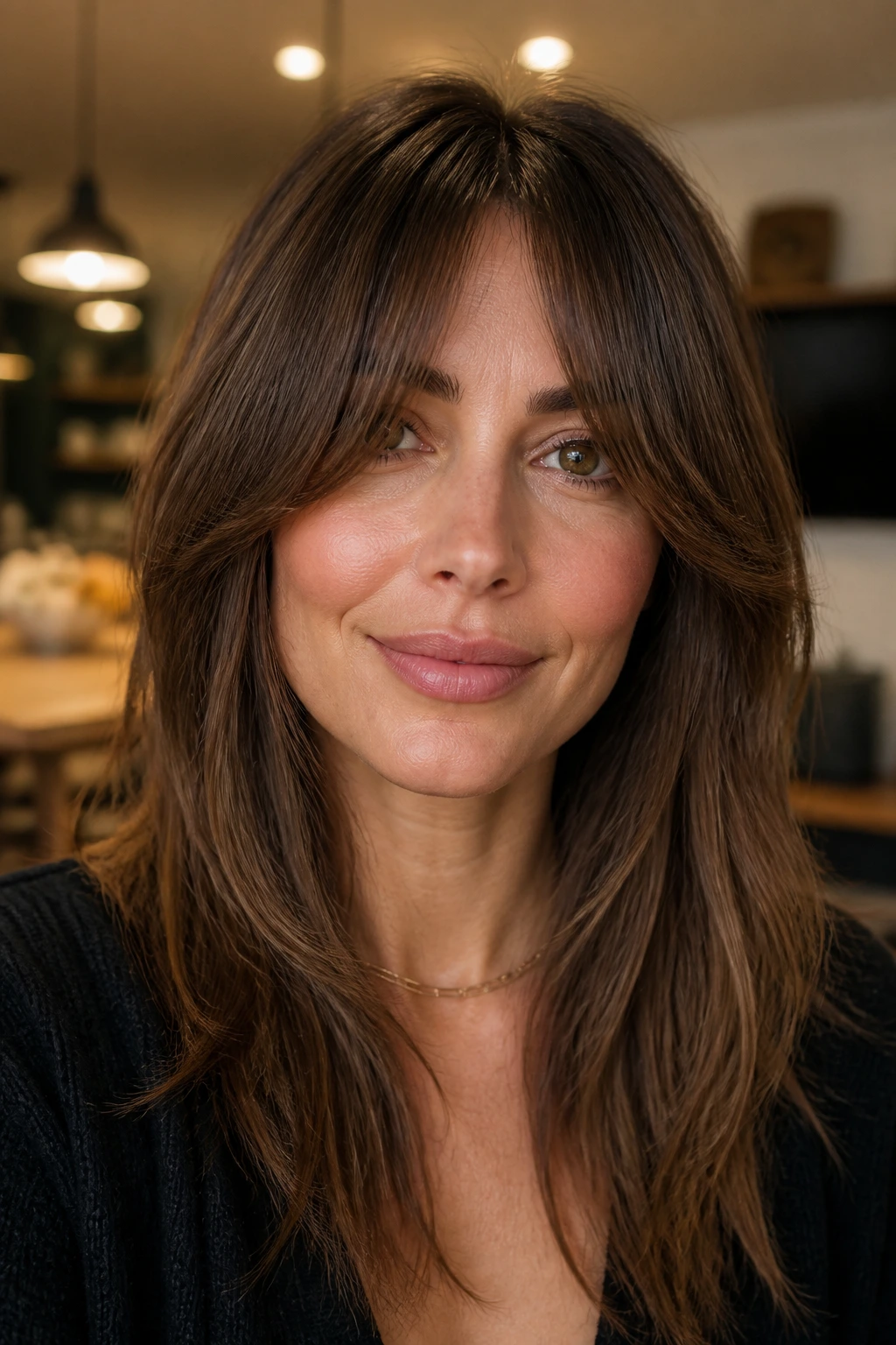 Real woman with grown-out curtain fringe that remains polished and open at the middle
