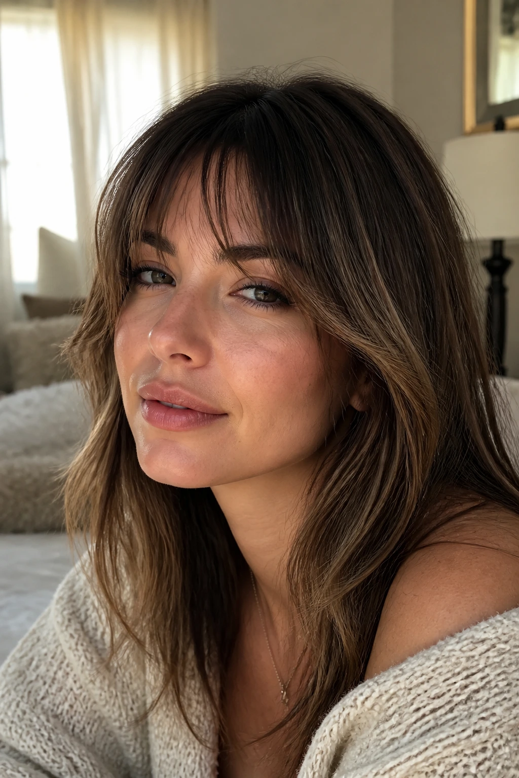 Close-up portrait of a real woman with grown-out feathered bangs blending into face-framing layers.