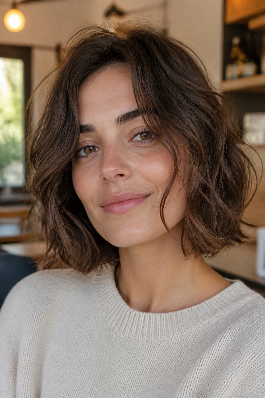 Real woman with grown-out French bob in relaxed waves and lived-in texture